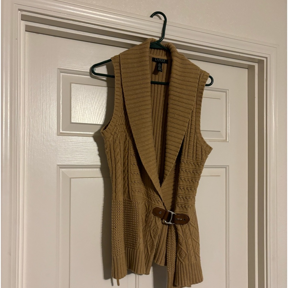 Lauren by Ralph Lauren Wrap Shawl Collar Sweater Vest in beige